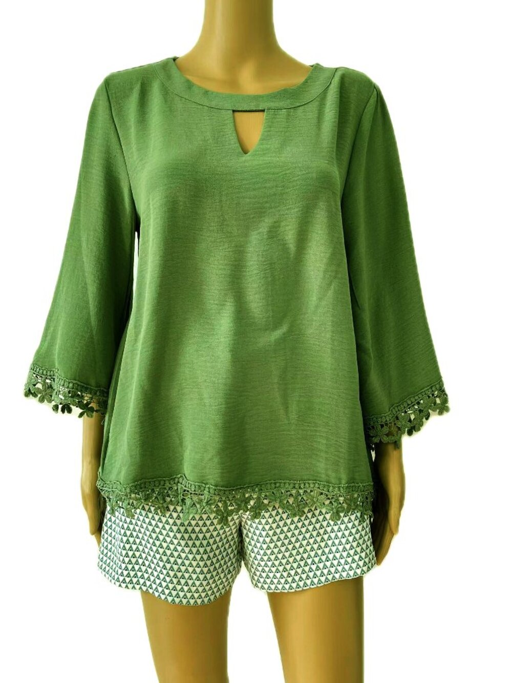 Women Fashion Summer 3/4 Sleeve Airflow Floral Crochet Top Blouse - Green, M